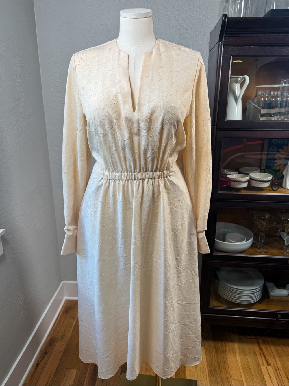 Vince Ivory Textured Long Sleeve Midi Dress Elastic Waist Size XL